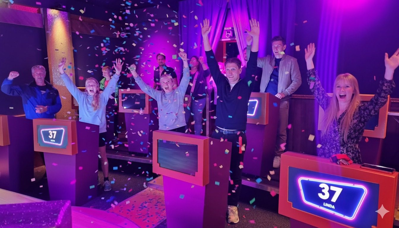 Echte foto: winnend team viert met confetti aan de QuizXarena-desks