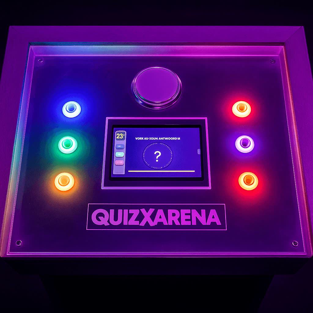 QuizX Arena desk met buzzer knoppen close-up
