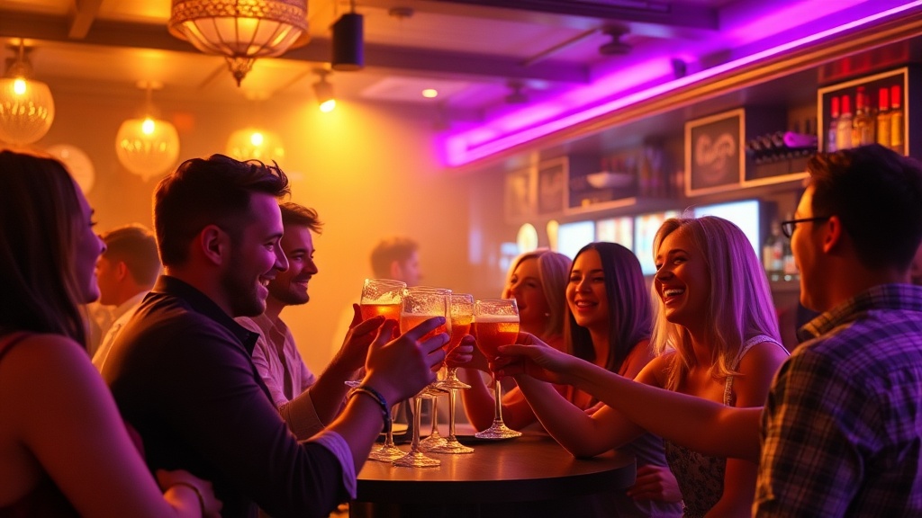 Friends toasting with drinks in a stylish bar with warm and purple lighting