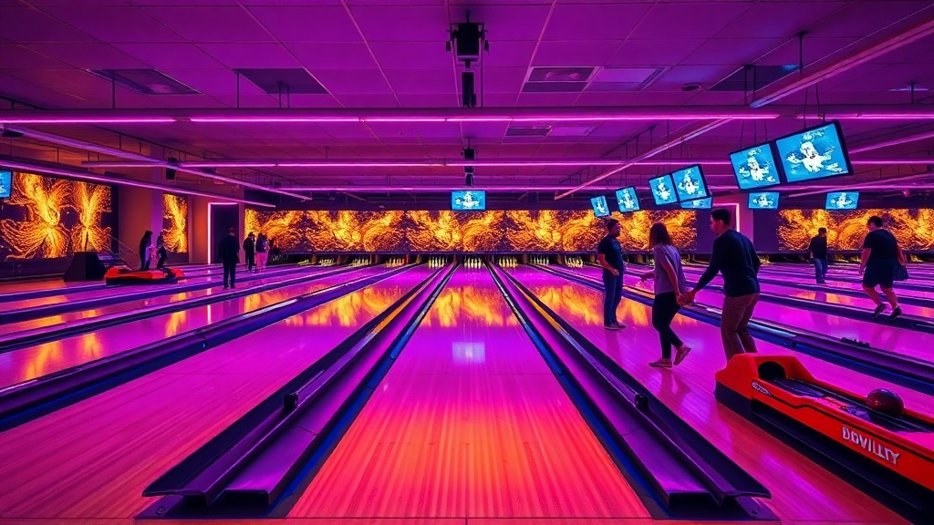 Modern bowling alley with glowing neon lanes and groups playing