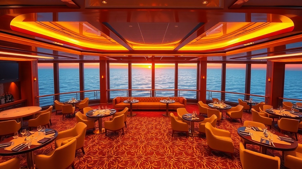 Cruise ship entertainment lounge with panoramic ocean view at sunset