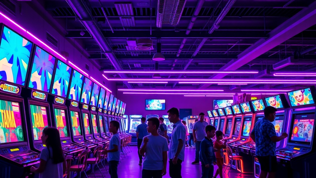 Family entertainment center arcade with neon lights and families playing
