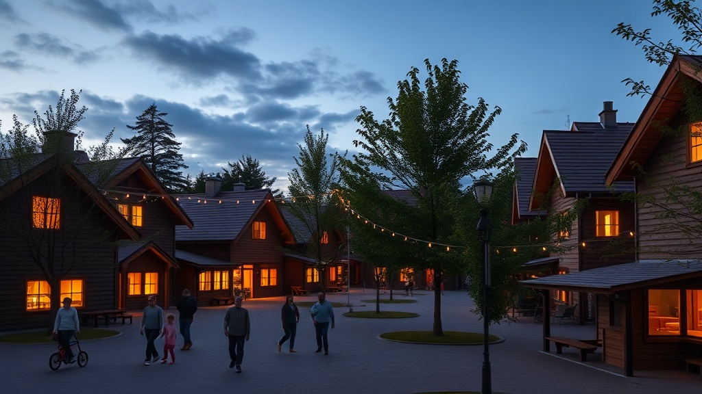 Holiday park square at dusk with cozy cottages and string lights