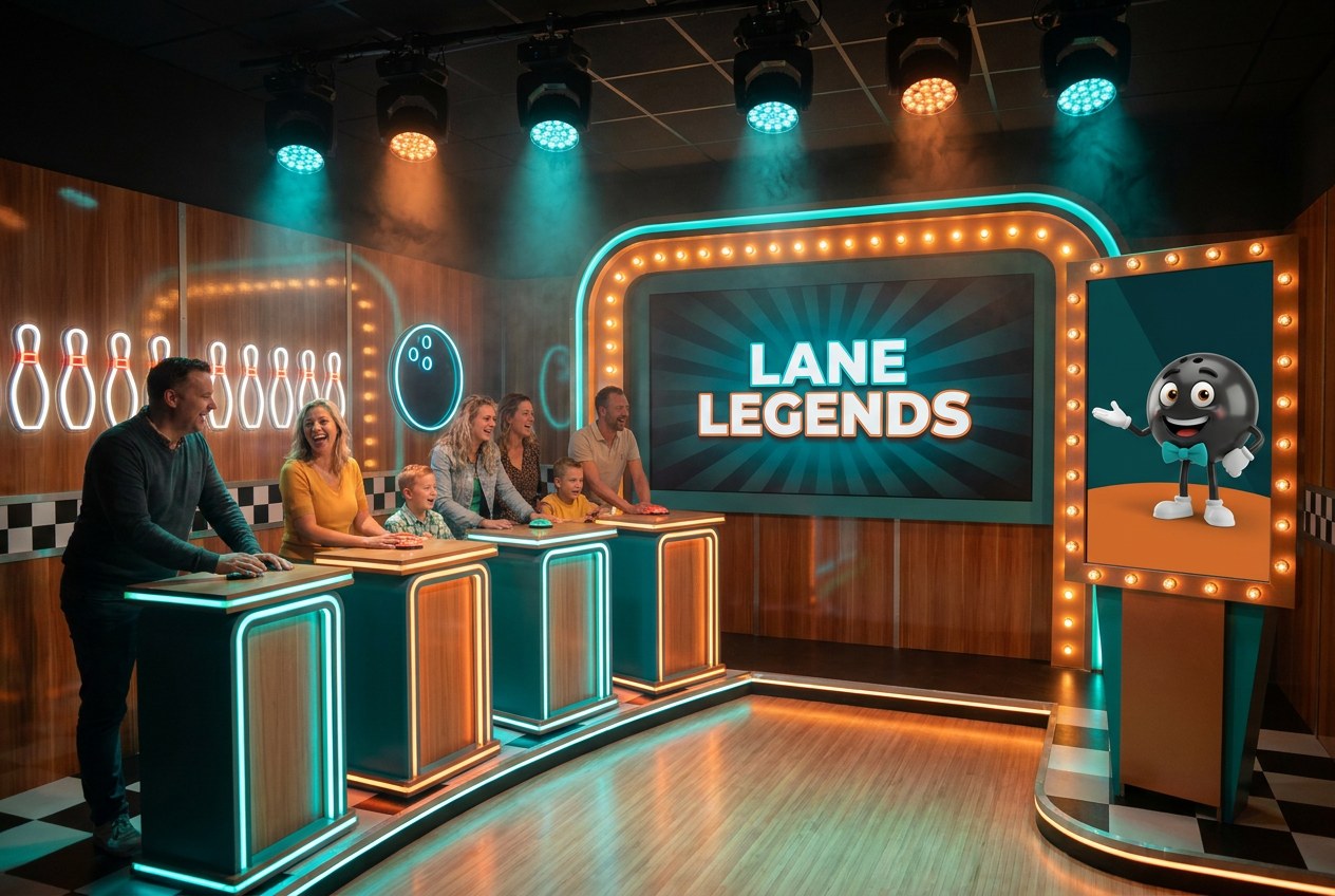 Conceptrender: QuizXarena in de stijl van een retro bowlingcentrum met een bowlingbal als host