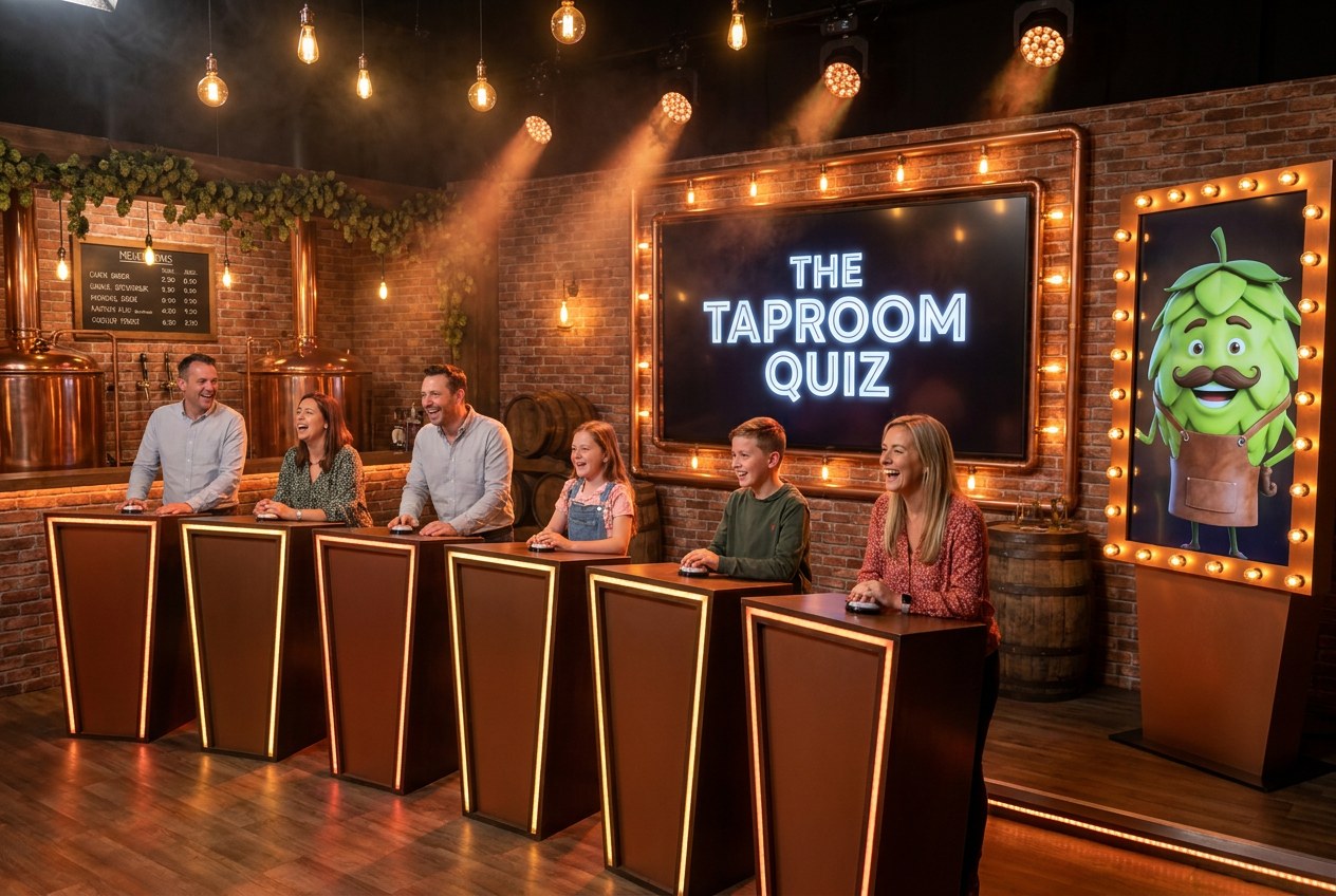 Conceptrender: QuizXarena in de stijl van een brouwerij-proeflokaal met een hopbel als host
