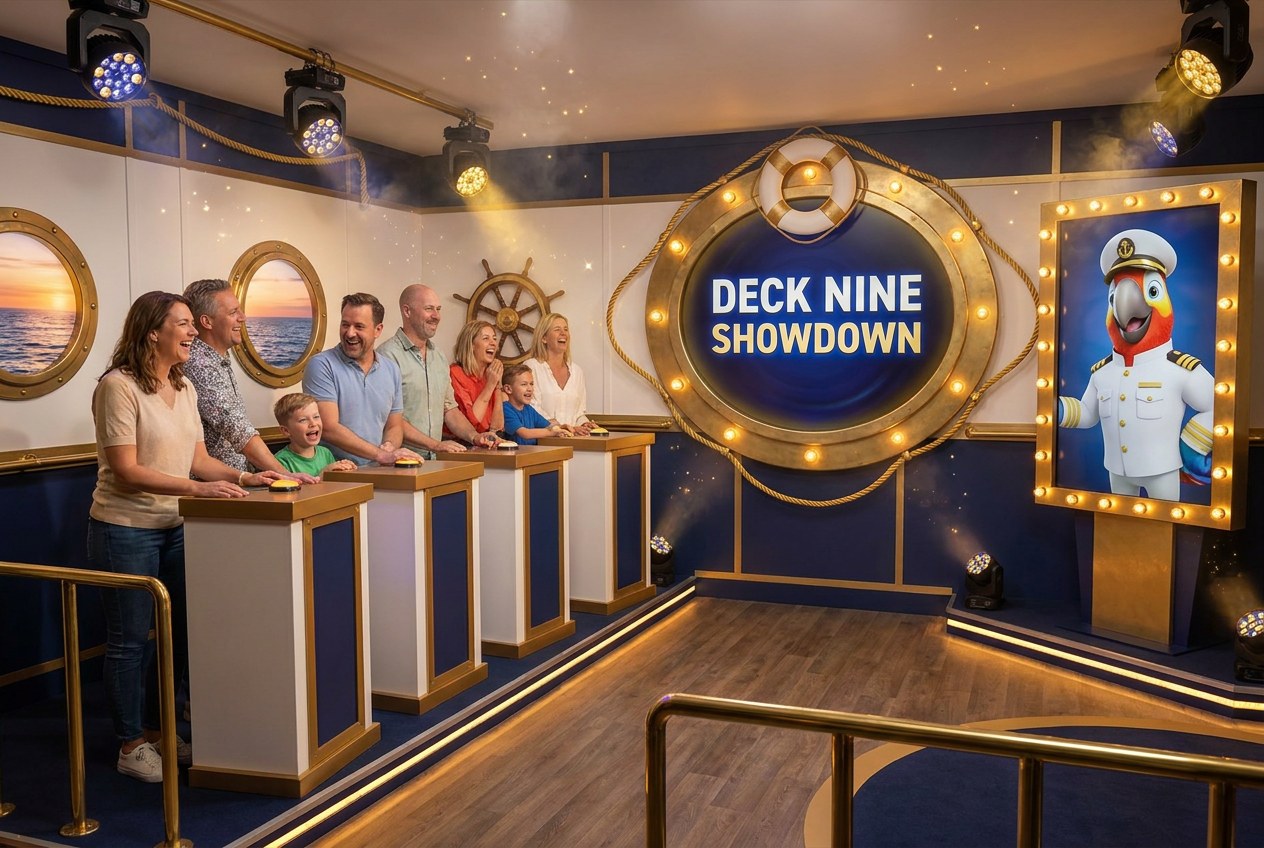 Conceptrender: QuizXarena in de stijl van een cruiseschip-showlounge met een papegaai-kapitein als host