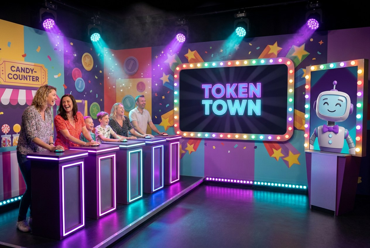 Conceptrender: QuizXarena in de stijl van een family entertainment center met een robot als host