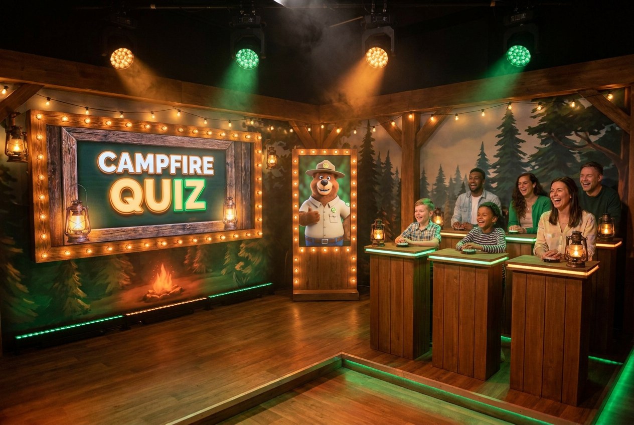 Conceptrender: QuizXarena in de stijl van een vakantiepark-lodge met een beer als boswachter-host