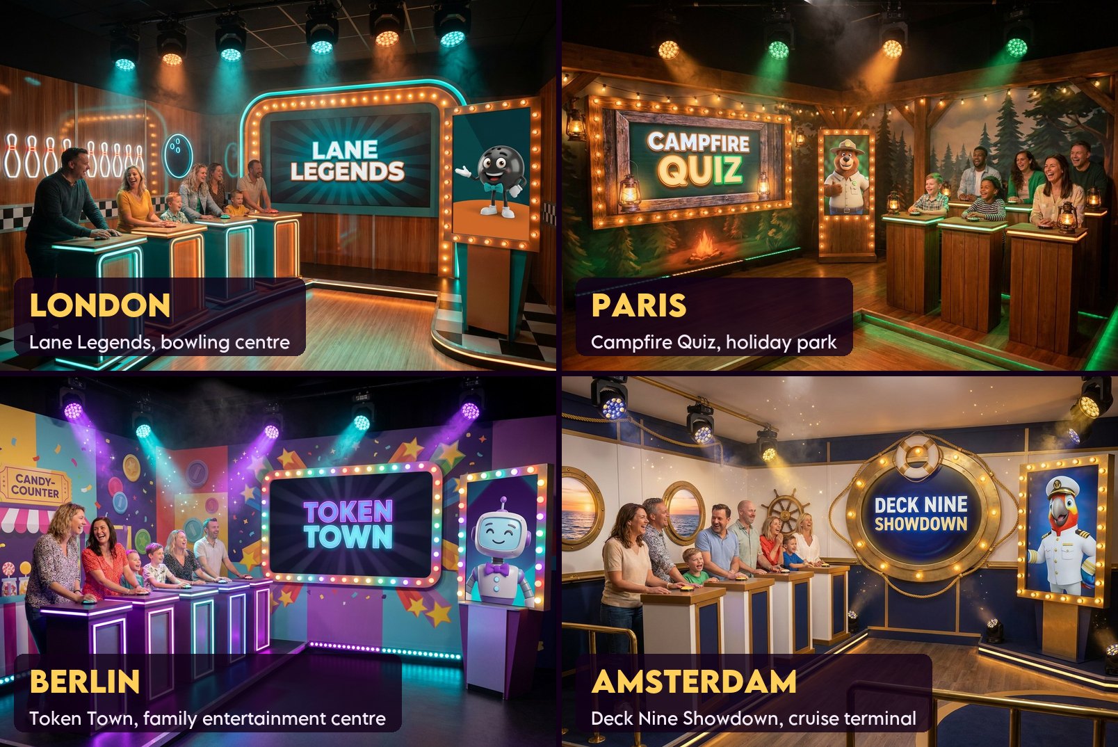 Concept renders: four differently themed QuizXarena rooms